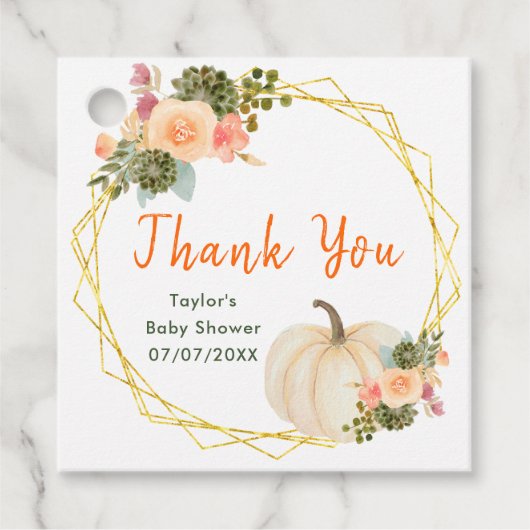 オレンジとグリーンカボチャ赤ちゃんシャワーありがとう フェイバータグ (正面)