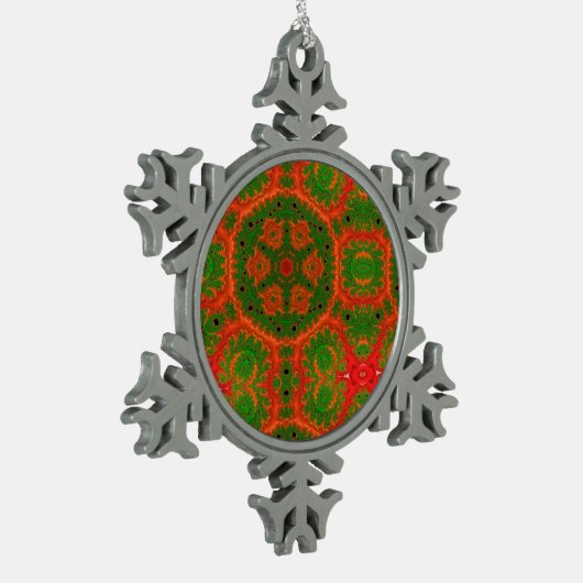 オレンジとグリーン万華鏡のように千変万化するパターンクリスマスオーナメント スノーフレークピューターオーナメント (左)