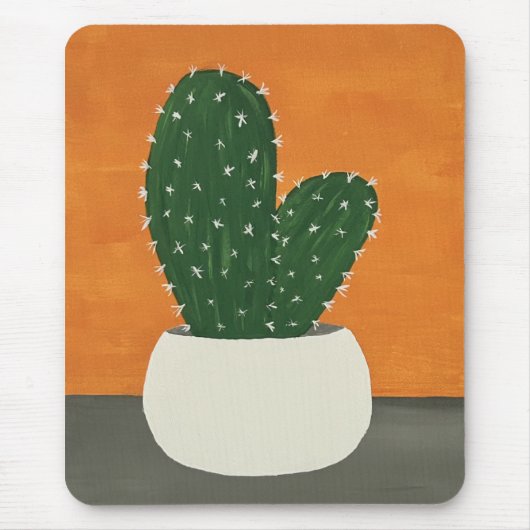 オレンジとグレーのアクリル鉢植えサボテン マウスパッド (正面)