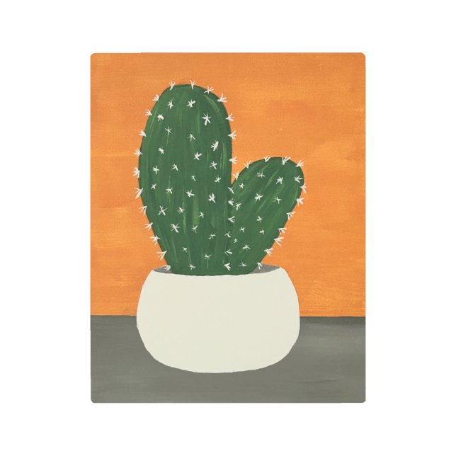 オレンジとグレーのアクリル鉢植えサボテン メタルプリント (正面)
