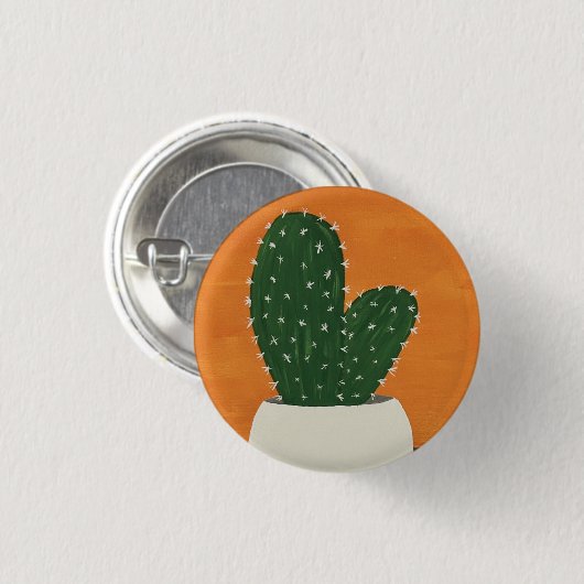 オレンジとグレーのアクリル鉢植えサボテン 缶バッジ (正面&裏面)