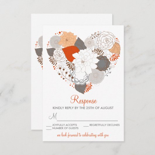 オレンジとグレーのハートの花の結婚式出欠確認カード 出欠カード (正面/裏面)
