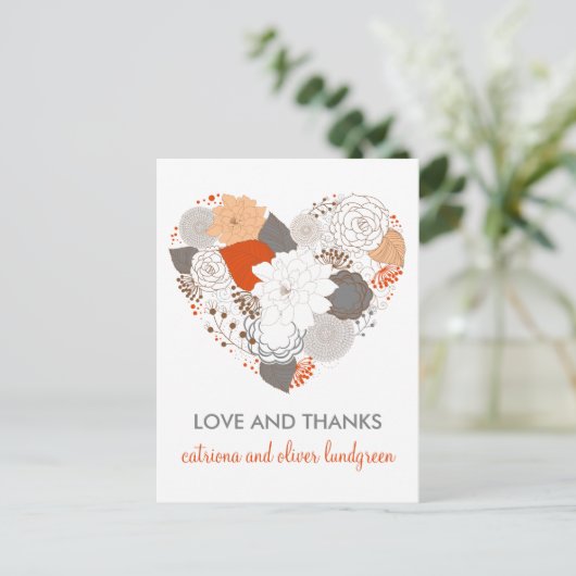 オレンジとグレーのハート花ありがとうはがき ポストカード (スタンド正面)