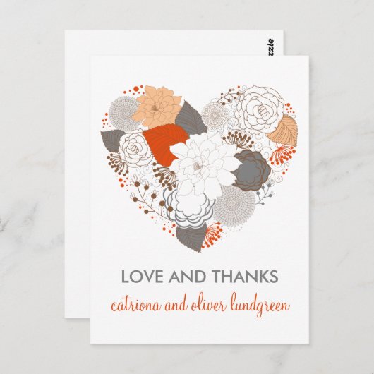 オレンジとグレーのハート花ありがとうはがき ポストカード (正面/裏面)