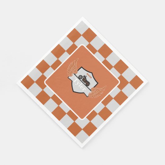 オレンジとグレーの翼と市松模様にバイク スタンダードランチョンナプキン (角)