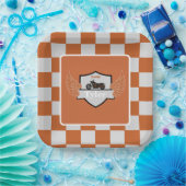 オレンジとグレーの翼と市松模様にバイク ペーパープレート (パーティー)