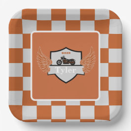 オレンジとグレーの翼と市松模様にバイク ペーパープレート