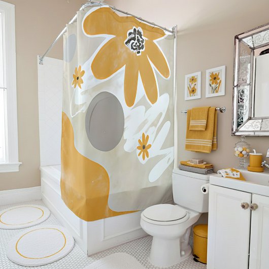 オレンジとグレーの花のミニマリストの芸術 シャワーカーテン