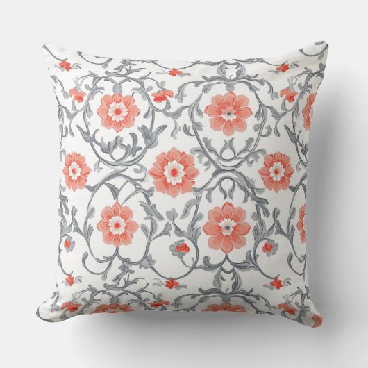 オレンジとグレーのChinoiserieフローラ クッション (正面)