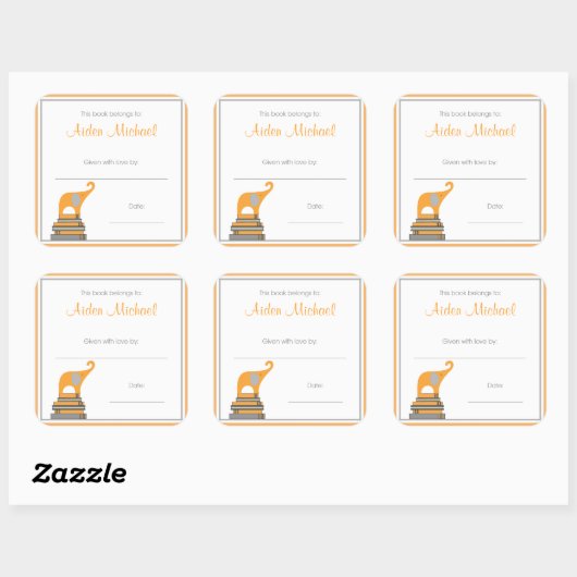 オレンジとグレーエレファントベビーシャワーブックプレート スクエアシール (シート)