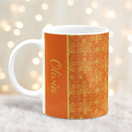 オレンジとゴールドの雪の結晶 クリスマスマグカップ 名入れ コーヒーマグカップ