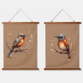オレンジとタンの抽象芸術ロビンカップル 吊り下げ型タペストリー (ダブル)