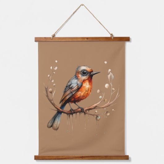 オレンジとタンの抽象芸術ロビン右向き 吊り下げ型タペストリー (正面)