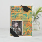 オレンジとターコイズの花柄 大学 トランクパーティーの写真 招待状 (スタンド正面)