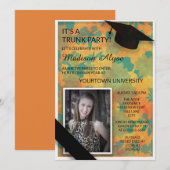 オレンジとターコイズの花柄 大学 トランクパーティーの写真 招待状 (正面/裏面)