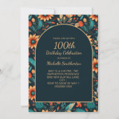 オレンジとターコイズの花 ブラック 100歳の誕生日アーチ 招待状 (正面)