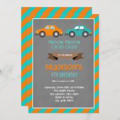 オレンジとターコイズの車の誕生日招待状 招待状 (正面/裏面)