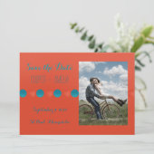 オレンジとターコイズのSave the Date フラットカード セーブザデート (スタンド正面)