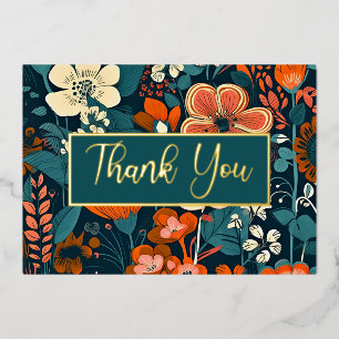 オレンジとターコイズブルーのフラワーフォイル Thank You カード