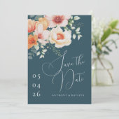 オレンジとターコイズブルーの春の桃の花の結婚式 セーブザデート (スタンド正面)