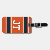 オレンジとダークブルーのスポーツストライプのパーソナライズされた ラゲッジタグ (正面横)