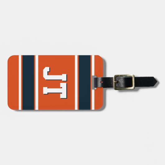 オレンジとダークブルーのスポーツストライプのパーソナライズされた ラゲッジタグ (正面横)