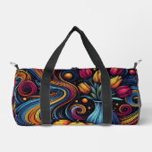 オレンジとチューリップのカラフルアートワーク ダッフルバッグ (正面)