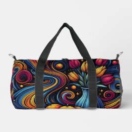オレンジとチューリップのカラフルアートワーク ダッフルバッグ