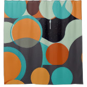 オレンジとティール（緑がかった色）のレトロサークル シャワーカーテン (正面)