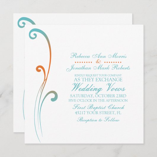 オレンジとティール（緑がかった色）の色あせた花開き結婚式招待状 招待状 (正面/裏面)