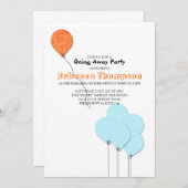 オレンジとティール（緑がかった色）の青い風船が行く遠くにパーティー 招待状 (正面/裏面)