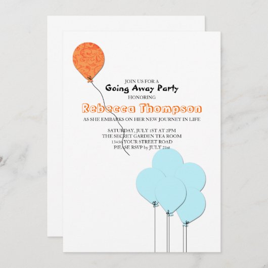 オレンジとティール(緑がかった色)の青い風船が行く遠くにパーティー 招待状 (正面/裏面)