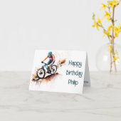 オレンジとティール（緑がかった色）のMTBサイクリストの誕生日カード カード (黄色い花)