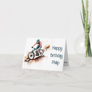 オレンジとティール(緑がかった色)のMTBサイクリストの誕生日カード カード