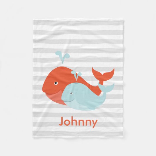 オレンジとティール（緑がかった色）クジラ フリースブランケット (正面)