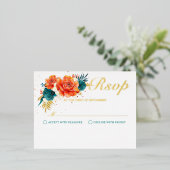 オレンジとティール（緑がかった色）フローラウェディングRSVP 箔招待状ポストカード (立ち正面)