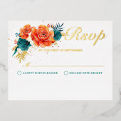 オレンジとティール（緑がかった色）フローラウェディングRSVP 箔招待状ポストカード (正面)