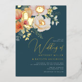 オレンジとティール（緑がかった色）ブルー春ピーチフローラ結婚 箔招待状 (正面)