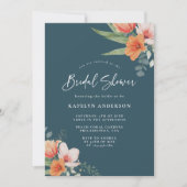 オレンジとティール(緑がかった色)ブルー春フローラブライダルシャワー 招待状 (正面)