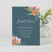 オレンジとティール(緑がかった色)ブルー春フローラブライダルシャワー 招待状 (スタンド正面)