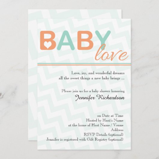オレンジとティール（緑がかった色）ベビーラブベビーシャワー招待状 招待状 (正面/裏面)