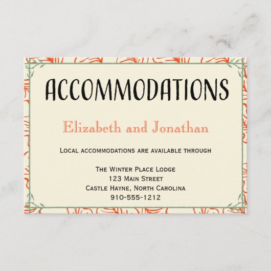 オレンジとティール(緑がかった色)素朴の結婚宿泊カード エンクロージャーカード (正面)