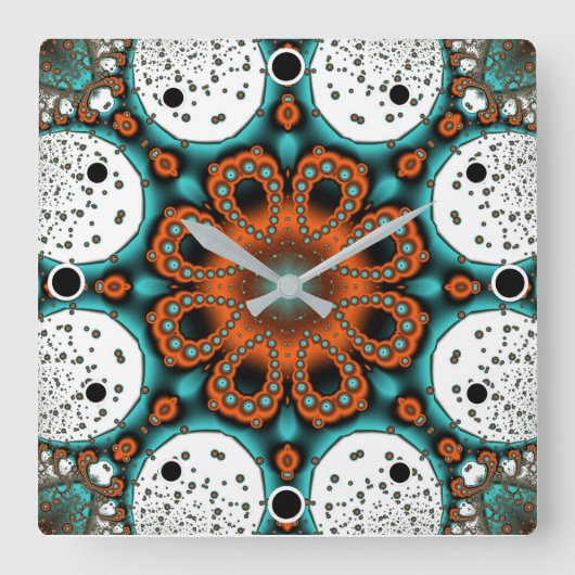オレンジとティール(緑がかった色)緑のフラクタルフラワー スクエア壁時計 (正面)