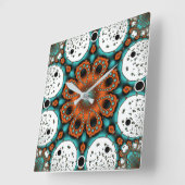 オレンジとティール(緑がかった色)緑のフラクタルフラワー スクエア壁時計 (傾斜)