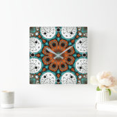 オレンジとティール(緑がかった色)緑のフラクタルフラワー スクエア壁時計 (ホーム)