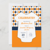 オレンジとネイビーブルーのパタアーガイルーンベビー写真 案内状 (正面)