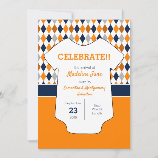 オレンジとネイビーブルーのパタアーガイルーンベビー写真 案内状 (正面)