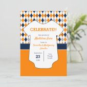 オレンジとネイビーブルーのパタアーガイルーンベビー写真 案内状 (スタンド正面)