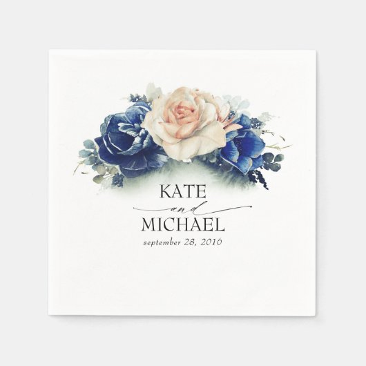 オレンジとネイビーブルーのフローラ結婚ズ スタンダードカクテルナプキン (正面)