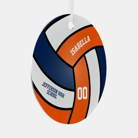 オレンジとネイビーブルーバレーボールカスタマイズ- メタルオーナメント (正面右)